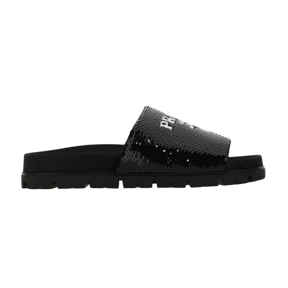 Prada Black Sequin White Logo Slide Sandal Slip On Pool Flip Flop Flat 41 - Picture 1 of 11